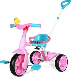 Kriddo 2 in 1 Kids Tricycle with Parent Push Handle Pink Aqua Toddler Bike